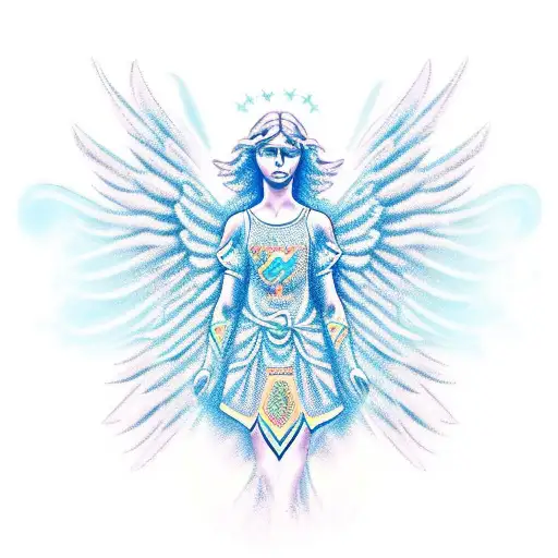 A unique and vibrant new-school design showcasing a guardian angel watching over your loved ones, providing them with constant protection and guidance. tattoo design idea