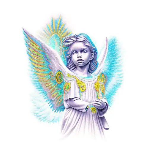 A unique and vibrant new-school design showcasing a guardian angel watching over your loved ones, providing them with constant protection and guidance. tattoo design idea