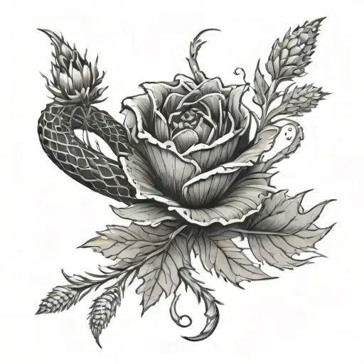 A black-grey tattoo of a realistic snake coiled around a blooming Scottish thistle, representing beauty and resilience tattoo design idea