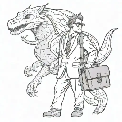 A sketch style tattoo of a lawyer holding a briefcase with a Dragonite as a companion tattoo design idea