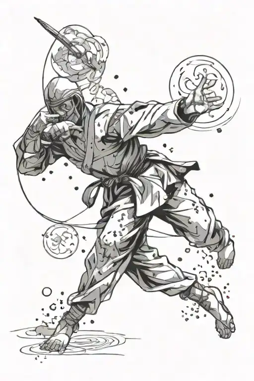 A celestial scene featuring the Gemini constellation and a martial artist in action tattoo design idea