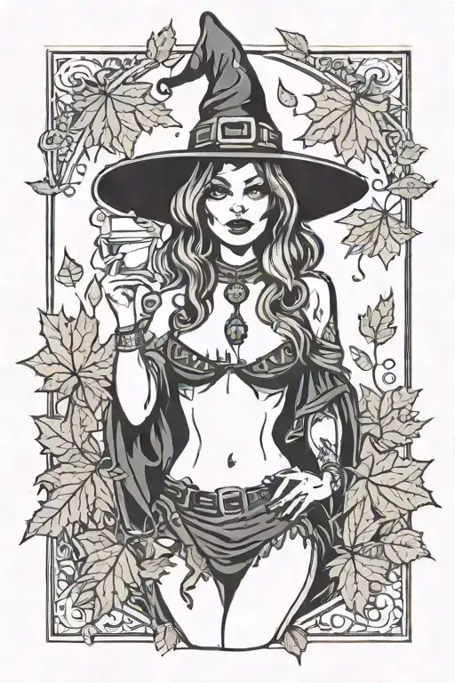 sexy witch, fall leaves, spooky Halloween themed, candy corn tattoo design idea