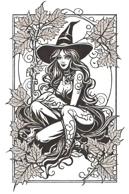 sexy witch, fall leaves, spooky Halloween themed tattoo design idea