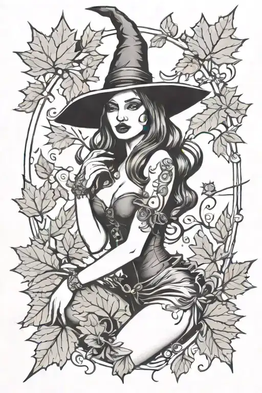 sexy witch, fall leaves, spooky Halloween themed tattoo design idea