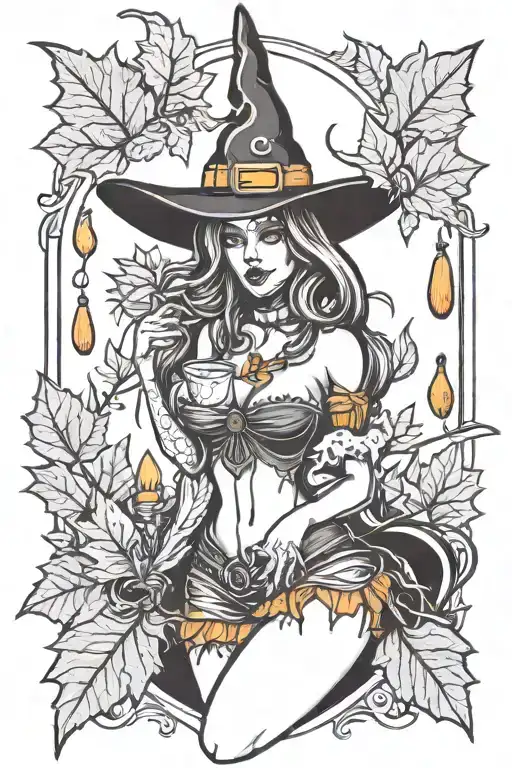 sexy witch, fall leaves, spooky Halloween themed, candy corn tattoo design idea