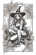 sexy witch, fall leaves, spooky Halloween themed tattoo design idea