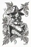 sexy witch, fall leaves, spooky Halloween themed tattoo design idea