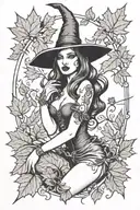 sexy witch, fall leaves, spooky Halloween themed tattoo design idea