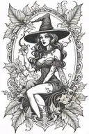 sexy witch, fall leaves, spooky Halloween themed tattoo design idea