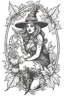 sexy witch, fall leaves, spooky Halloween themed, candy corn tattoo design idea