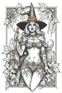 sexy witch, fall leaves, spooky Halloween themed, candy corn tattoo design idea