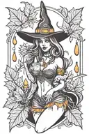 sexy witch, fall leaves, spooky Halloween themed, candy corn tattoo design idea