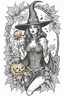 sexy witch, fall leaves, spooky Halloween themed, candy corn tattoo design idea