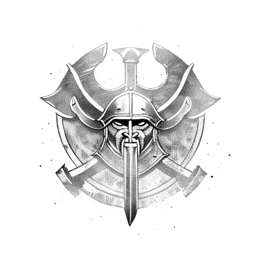 Viking with shield and ax, raven on top, Celtic symbols on the side tattoo design idea