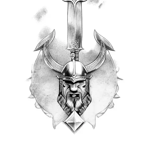 Viking with shield and ax, raven on top, Celtic symbols on the side tattoo design idea