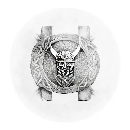 Viking with shield and ax, raven on top, Celtic symbols on the side tattoo design idea