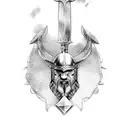 Viking with shield and ax, raven on top, Celtic symbols on the side tattoo design idea