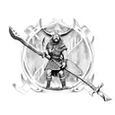 Viking with shield and ax, raven on top, Celtic symbols on the side tattoo design idea