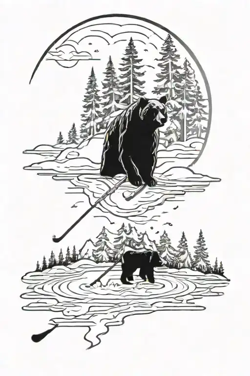 Playing ice hockey on a pond in the mountains, with a forest near and a bears face in the trees. leading into space tattoo design idea