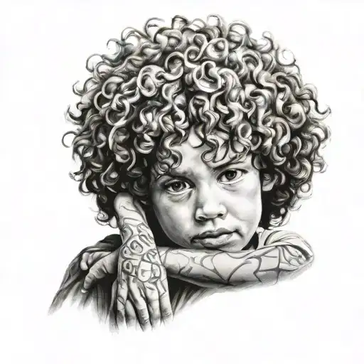 boy with Chicano arm with curly hair  tattoo design idea