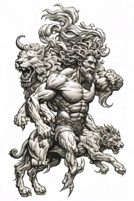 Hercules with a lion's head, which should be an aggressive tattoo, and with Pegasus and Zeus shooting lightning bolts tattoo design idea