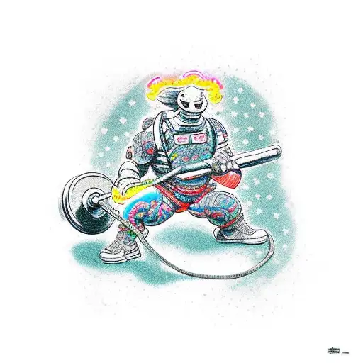 A weightlifting ghostbuster battling a giant 80s-themed boss tattoo design idea