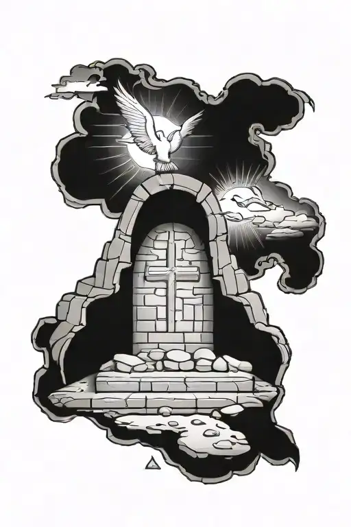 empty tomb with stone rolled away with three crosses inside with a sun behind it and a dove above the tomb tattoo design idea