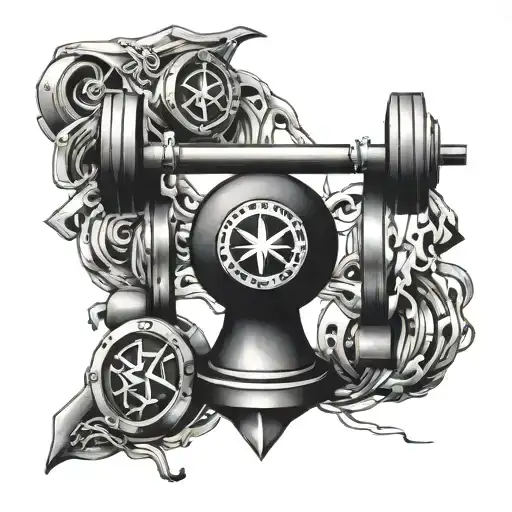 An abstract design of weights and military symbols intertwined, symbolizing the client's dedication to both bodybuilding and the military tattoo design idea