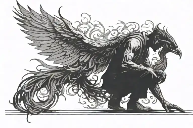 a siluet of a man kneeling (about to be shot) with the shadow cast by this man turning into  a phoenix  tattoo design idea