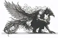 a siluet of a man kneeling (about to be shot) with the shadow cast by this man turning into  a phoenix  tattoo design idea