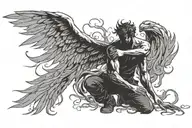 a siluet of a man kneeling (about to be shot) with the shadow cast by this man turning into  a phoenix  tattoo design idea