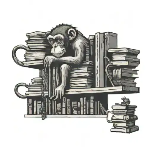 A bookshelf filled with books and a mischievous monkey swinging from the top, representing a passion for reading and monkeys tattoo design idea