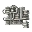A bookshelf filled with books and a mischievous monkey swinging from the top, representing a passion for reading and monkeys tattoo design idea