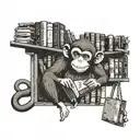 A bookshelf filled with books and a mischievous monkey swinging from the top, representing a passion for reading and monkeys tattoo design idea
