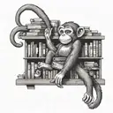 A bookshelf filled with books and a mischievous monkey swinging from the top, representing a passion for reading and monkeys tattoo design idea