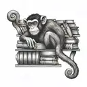 A bookshelf filled with books and a mischievous monkey swinging from the top, representing a passion for reading and monkeys tattoo design idea