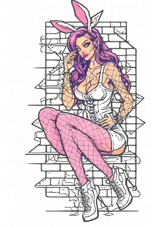 Sexy Woman with High heels fishnet stockings, bunny ears, posing Seductively. Bunny girl outfit, corset, big cleavage. tattoo design idea