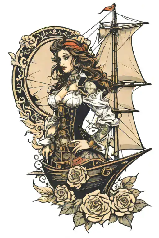 Sail boat sailing with a lady pirate, very cute and sexy, make it feminin, for a shoulder tattoo, waves, roses, tresor tattoo design idea