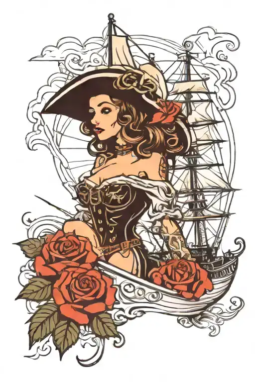Sail boat sailing with a lady pirate, very cute and sexy, make it feminin, for a shoulder tattoo, waves, roses, tresor tattoo design idea