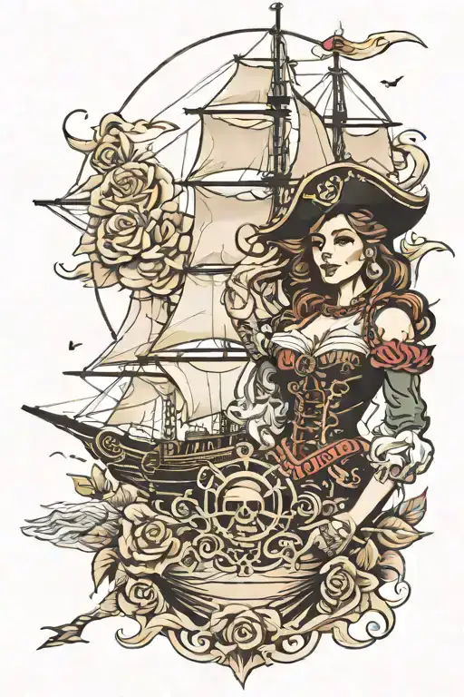 Sail boat sailing with a lady pirate, very cute and sexy, make it feminin, for a shoulder tattoo, waves, roses, tresor tattoo design idea