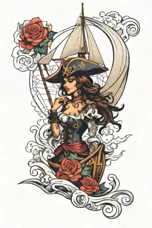 Sail boat sailing with a lady pirate, very cute and sexy, make it feminin, for a shoulder tattoo, waves, roses, tresor tattoo design idea
