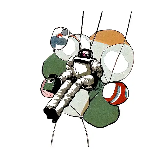 A futuristic anime-inspired astronaut in space hanging on to balloons while holding a boombox  tattoo design idea