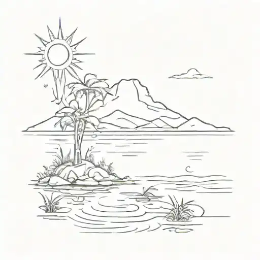 Sketch a tattoo design of a serene lake scene with the Philippine sun star shining in the sky tattoo design idea