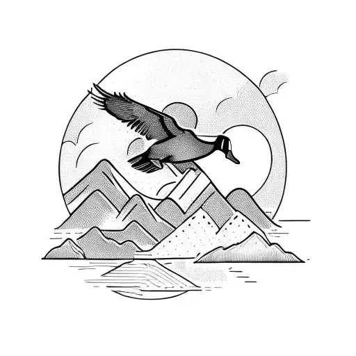 A majestic duck flying over a mountain range tattoo design idea
