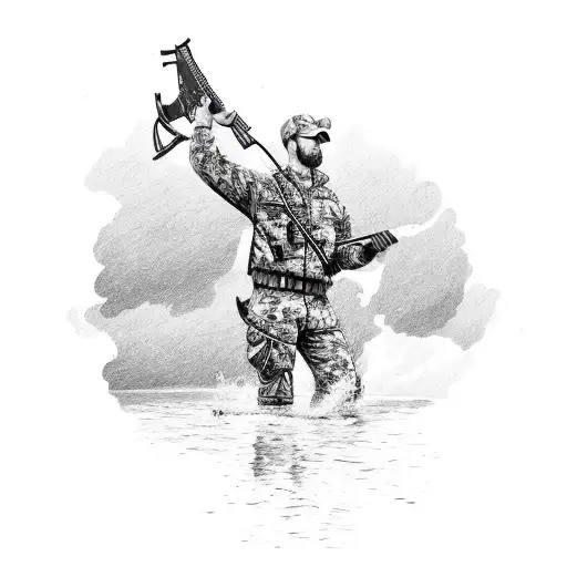 A duck hunter in a camouflage outfit aiming at a duck flying in the sky tattoo design idea