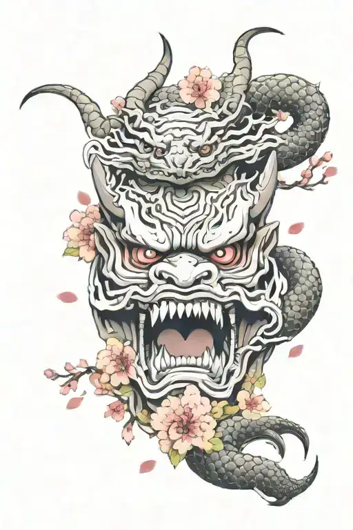 An oni mask surrounded by cherry blossom petals and a dragon coiling itself around the background tattoo design idea