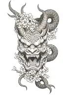 An oni mask surrounded by cherry blossom petals and a dragon coiling itself around the background tattoo design idea