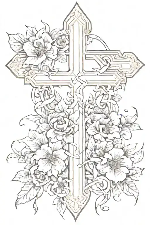 cross intertwined with flowers and proverbs 4:23 on the side tattoo design idea
