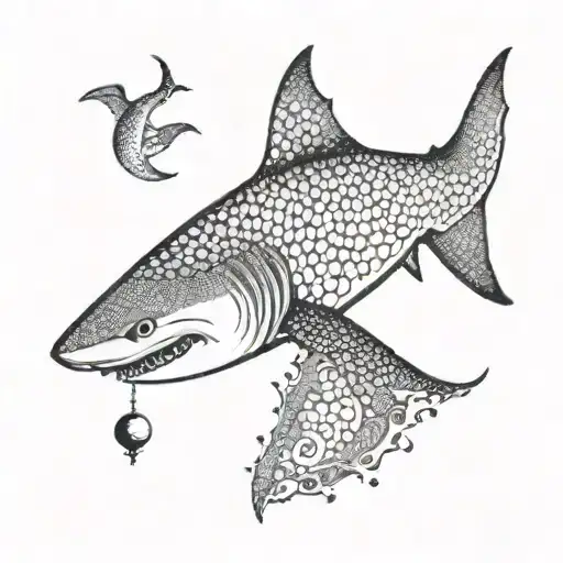 A shark with scales made of tiny environmental symbols tattoo design idea
