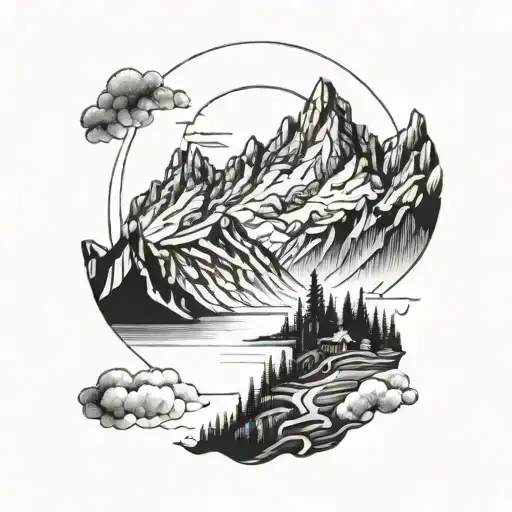 mountains mont-blanc ridge lake sun rising tattoo design idea